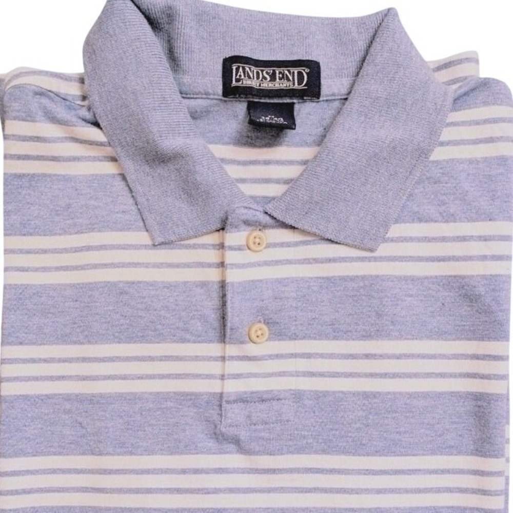 Lands End Mens Short Sleeve Polo Shirt Size M Blue White Stripe Preppy Frat Boy